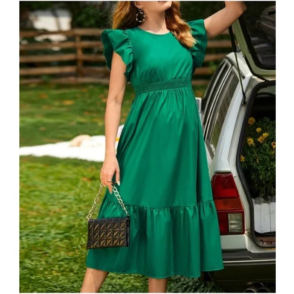 Maternity Green Ruffle Sleeve Ruffle Dress - Picture 4 of 4